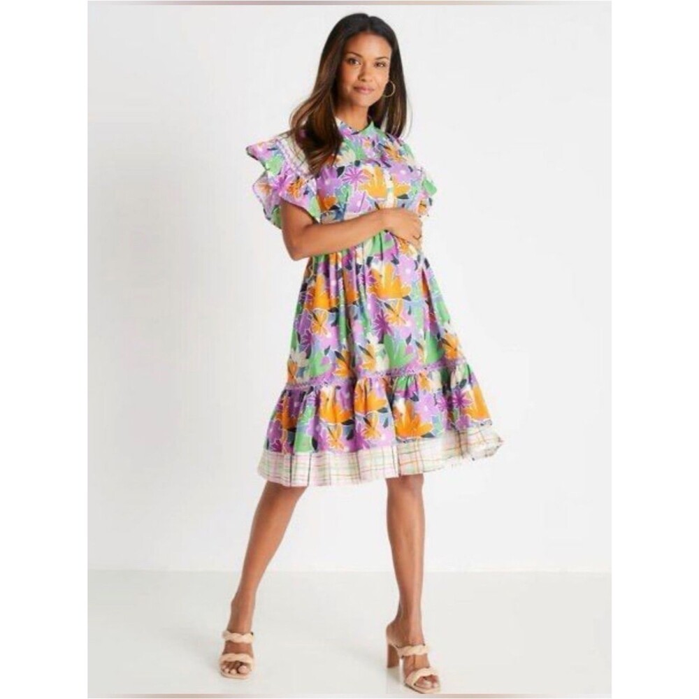 NWT CeliaB Yvette Multicolor Floral Plaid Ruffle Tiered Mini Dress S MSRP:$287